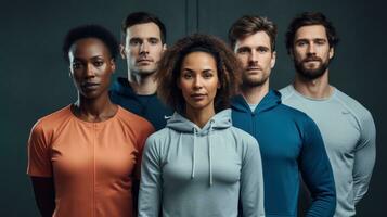 Group of multiethnic young people in sportswear posing in studio Generative AI photo