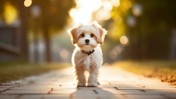 linda pequeño perro caminando en el parque. shih tzu generativo ai foto