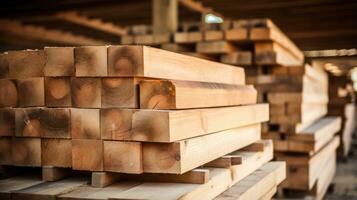 Stack of new wooden boards in warehouse. Industrial background. Selective focus. Generative AI photo