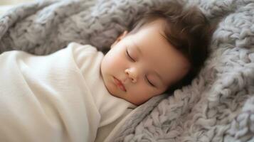 Cute little baby sleeping on a soft blanket. Sweet dreams. Generative AI photo