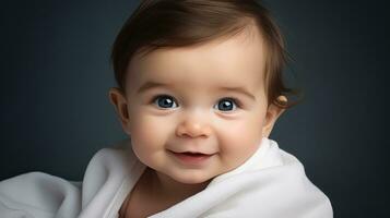 retrato de un linda sonriente pequeño bebé chico en blanco toalla. generativo ai foto