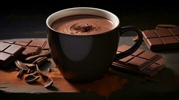 Cup of hot chocolate with chocolate pieces and cocoa powder on black background Generative AI photo