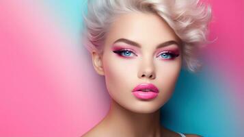 Portrait of beautiful young woman with professional makeup and hairstyle. Blonde girl with pink lips. Generative AI photo