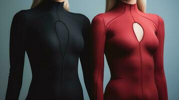 3d rendering of two women in black and red wetsuit Generative AI photo