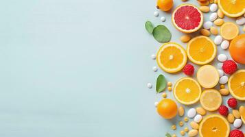 Creative layout made of citrus fruits on blue background. Flat lay, top view, copy space Generative AI photo
