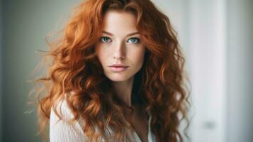Portrait of a beautiful young woman with long curly red hair. Generative AI photo