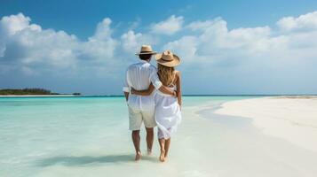 Couple in white clothes on a tropical beach at Maldives. Generative AI photo