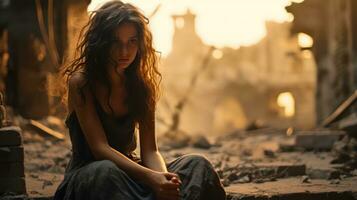 Beautiful young woman sitting on the sand and looking into the distance photo