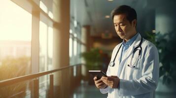 Male doctor using tablet computer at hospital corridor. Medical and healthcare concept. Generative AI photo