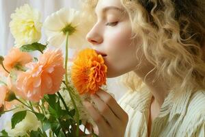 hermosa joven mujer con ramo de flores de flores a hogar, de cerca generativo ai foto