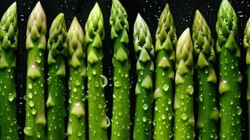 Fresh green asparagus with water drops on black background, close up Generative AI photo
