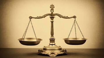 Scales of justice on a wooden table. The concept of law and justice. Generative AI photo