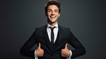 Portrait of a happy young businessman showing thumbs up gesture over dark background Generative AI photo