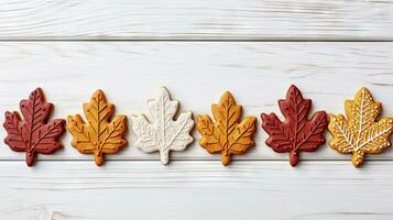 Creative layout made of autumn leaves on wooden background. Flat lay, top view. Generative AI photo