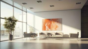 Modern office waiting room interior with empty poster on wall. Mock up, 3D Rendering Generative AI photo