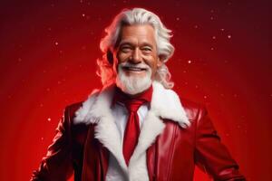 Portrait of happy senior man in Santa Claus costume on red background Generative AI photo