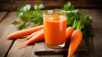 Glass of fresh carrot juice with fresh carrots on wooden table. Healthy drink. Generative AI photo