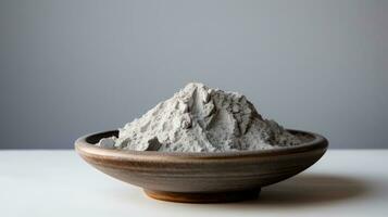 Wheat flour in a clay bowl on a white table and gray background Generative AI photo