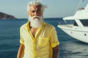 Portrait of senior man with white beard in yellow shirt standing on yacht at sea. Generative AI photo