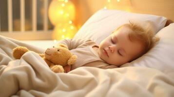 Adorable little baby sleeping in bed with teddy bear toy. Generative AI photo