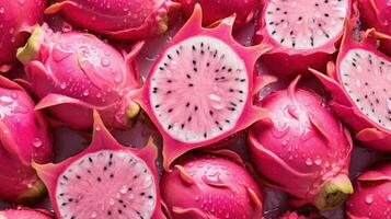 Tropical fruit pitaya or dragon fruit with water drops as background Generative AI photo