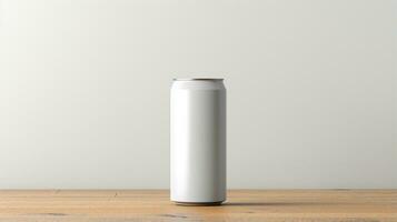 Blank aluminum soda can mockup on wooden table. 3d render Generative AI photo