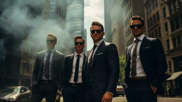 Businessmen in suits and sunglasses on the background of the city. Generative AI photo