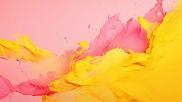 Abstract background of acrylic paint splashes in pink and yellow colors. Generative AI photo