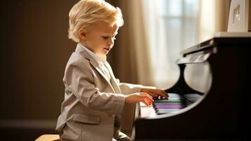 Cute little boy playing piano at home. Music education concept. Generative AI photo