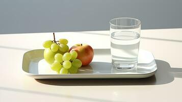 Glass of water, grapes and apples on a plate. 3d render Generative AI photo