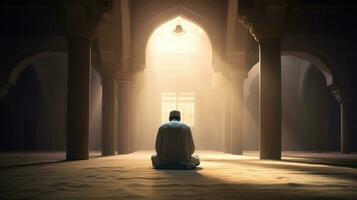 Muslim man praying inside the mosque. Ramadan Kareem concept. 3D Rendering Generative AI photo