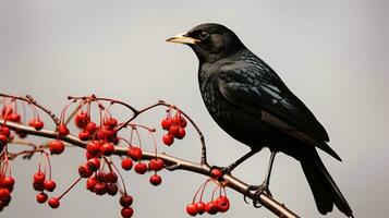 mirlo turdus merula en un rama con rojo bayas generativo ai foto