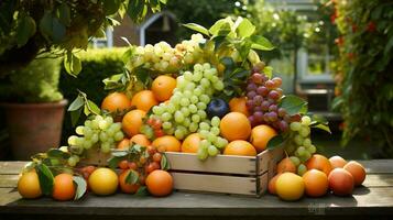 recién escogido lira Fruta desde jardín metido en el cajas generativo ai foto