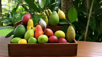 recién escogido mundu Fruta desde jardín metido en el cajas generativo ai foto