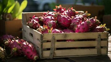 Freshly picked Pitaya fruit from garden placed in the boxes. Generative AI photo