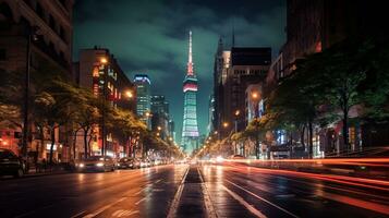 Night view of Torre Latinoamericana. Generative AI photo