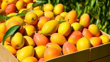 recién escogido mango Fruta desde jardín metido en el cajas generativo ai foto
