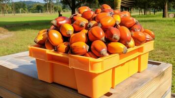 recién escogido palma Fruta desde jardín metido en el cajas generativo ai foto