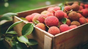 recién escogido lychee Fruta desde jardín metido en el cajas generativo ai foto