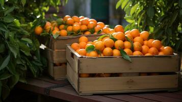 recién escogido naranja Fruta desde jardín metido en el cajas generativo ai foto