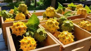 Freshly picked Kiwano fruit from garden placed in the boxes. Generative AI photo