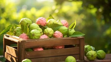 recién escogido guayaba bol Fruta desde jardín metido en el cajas generativo ai foto