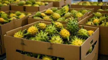 Freshly picked Kiwano fruit from garden placed in the boxes. Generative AI photo