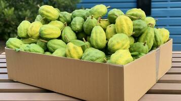 recién escogido mamoncillo Fruta desde jardín metido en el cajas generativo ai foto