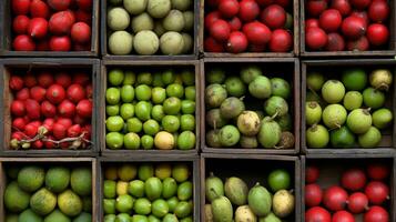 recién escogido cupuacu Fruta desde jardín metido en el cajas generativo ai foto