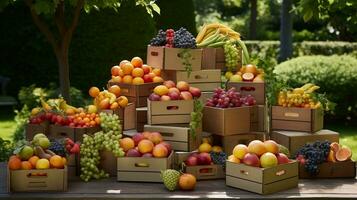 recién escogido champán Fruta desde jardín metido en el cajas generativo ai foto