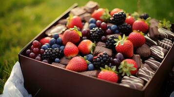 recién escogido chocolate Fruta desde jardín metido en el cajas generativo ai foto