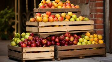 recién escogido chico Fruta desde jardín metido en el cajas generativo ai foto