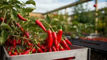 Freshly picked chilli pepper fruit from garden placed in the boxes. Generative AI photo