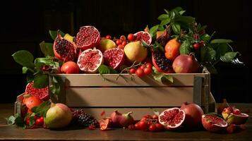 recién escogido extravagante Fruta desde jardín metido en el cajas generativo ai foto